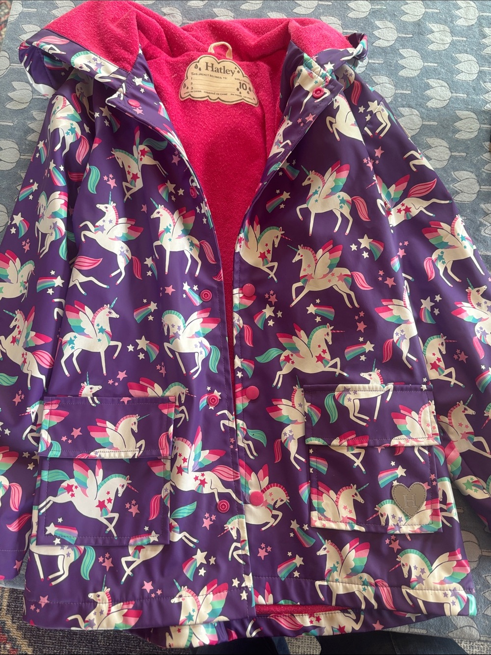 Hatley Purple Unicorn Kids' Waterproof Jacket Raincoat Size 10